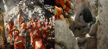 (L) Firefighters face a mountain of rubble as they search for bodies when residential buildings collapsed on Oct. 10, 2016, in Wenzhou, Zhejiang Province. (R) They found a breathing 6-year-old girl.