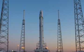 SpaceXs Falcon 9 rocket sits on the launching pad with the JCSAT-14 communications satellite on May 5, 2016, in Cape Canaveral, Florida.