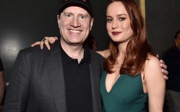 Marvel Studios president and producer Kevin Feige (L) and actress Brie Larson attend the San Diego Comic-Con International 2016 Marvel Panel in Hall H on July 23, 2016 in San Diego, California. ©Marvel Studios 2016.    