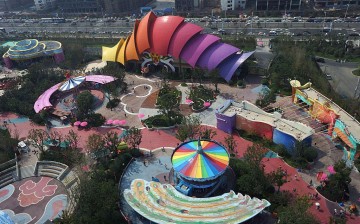 An aerial photo shows the facilities at the newly opened theme park Hefei Wanda Culture Tourism City in Hefei, Anhui Province.
