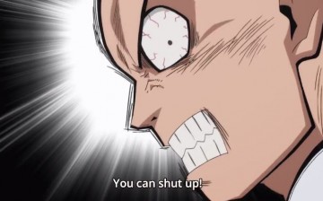 Saitama getting angry over the crowd during an episode of 'One Punch Man.'