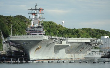 USS Ronald Reagan, a nuclear-powered aircraft carrier of the U.S., docks at the Yokosuka U.S. Naval Base in southern Tokyo.