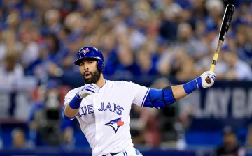 Jose Bautista of the Toronto Blue Jays bats in the third inning against the Cleveland Indians during game three of the American League Championship Series.
