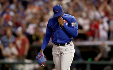 Aroldis Chapman reacts after Rajai Davis hit a two-run home run during the eighth inning to tie the game 6-6 in Game Seven of the 2016 World Series.