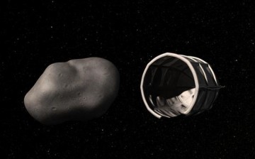 Space mining robot targets an asteroid.          