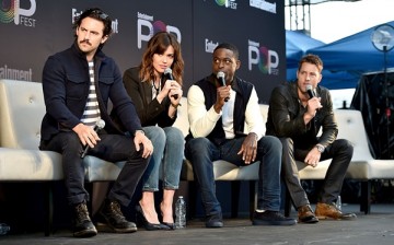Milo Ventimiglia, Mandy Moore, Sterling K. Brown and Justin Hartley speak onstage during the 'This Is Us' panel at Entertainment Weekly's PopFest at The Reef in Los Angeles, California. 