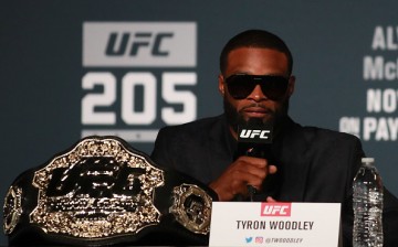 UFC Welterweight Champion Tyron Woodley answers a question during the UFC 205 press conference at The Theater at Madison Square Garden on November 10, 2016 in New York City.