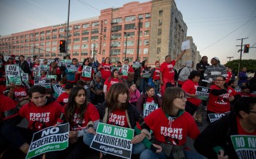 McDonald's restaurant employees rally near the American Apparel factory after walking off the job to demand a $15 per hour wage and union rights during nationwide 'Fight for $15 Day of Disruption' protests on Nov. 29, 2016 in Los Angeles, California. 