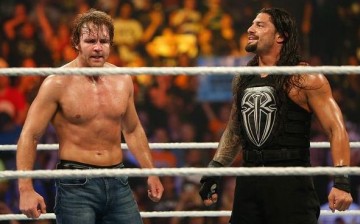 Dean Ambrose and Roman Reigns celebrate their victory at the WWE SummerSlam 2015 at Barclays Center of Brooklyn on August 23, 2015 in New York City. 