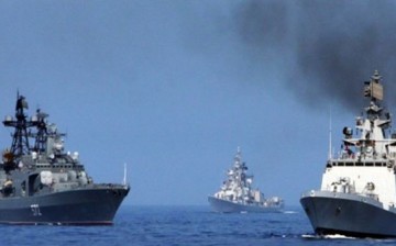 INS Shivalik , INS Ranvijay and RFS Admiral Vinogradov perform naval maneuvers near Vladivostok during Exercise INDRA 2014.         