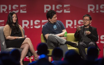 Xing Liu, partner at Sequoia Capital, right, speaks as Anna Fang, partner and chief executive officer of ZhenFund, left, and David Chao, co-founder and general partner of DCM Ventures, listen during the Rise conference in Hong Kong, China, on Tuesday, May