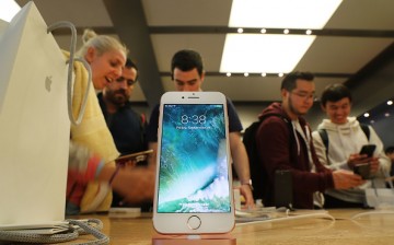 The new iPhone 7 is displayed on a table at an Apple store in Manhattan on September 16, 2016 in New York City.