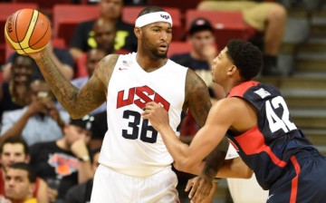 DeMarcus Cousins of the 2014 USA Basketball Men's National Team is guarded by Anthony Davis of the 2014 USA Basketball Men's National Team during a USA Basketball showcase at the Thomas & Mack Center on August 1, 2014 in Las Vegas, Nevada.