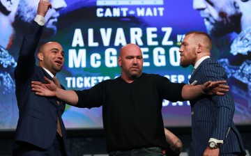 Conor McGregor and Eddie Alvarez face-off as UFC president Dana White breaks them up at the UFC 205 press conference at The Theater at Madison Square Garden on September 27, 2016 in New York City.