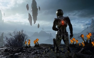 The main character looks at an alien landscape in 'Mass Effect: Andromeda.'
