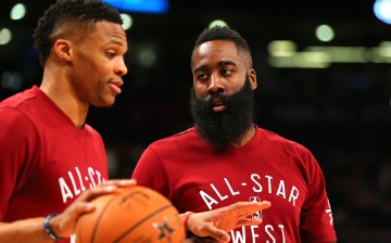 Russell Westbrook of the Oklahoma City Thunder and the Western Conference and James Harden of the Houston Rockets and the Western Conference warm up before the NBA All-Star Game 2016 at the Air Canada Centre on February 14, 2016 in Toronto, Ontario. 