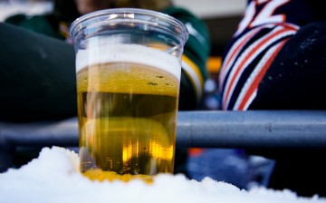 A beer sits on a snowy ledge during the game between the Chicago Bears and the Green Bay Packers at Soldier Field