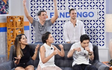 'Power Rangers' cast members Becky G, Dacre Montgomery, Ludi Lin and Naomi Scott visit with Tiffany Smith and Kristian Harloff at the Fandango Studio at San Diego Comic-Con International 2016 on July 22, 2016 in San Diego, California. 