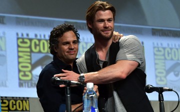Actors Mark Ruffalo and Chris Hemsworth, who play Hulk and Tgor respectively, onstage at Marvel's Hall H Panel for 'Avengers: Age Of Ultron' during Comic-Con International 2014 on July 26, 2014 in San Diego, California.