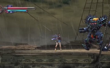 The main protagonist of 'Bloodstained: Ritual of the Night,' Miriam, battling an animated armor atop a wrecked ship.
