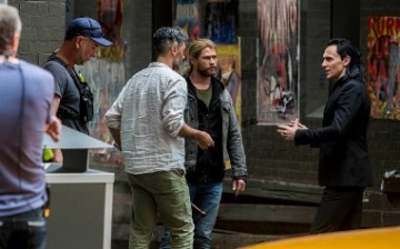 Actors Chris Hemsworth and Tom Hiddleston and director Taika Waititi are seen on the set of the film 'Thor: Ragnarok' on August 23, 2016 in Brisbane, Australia.