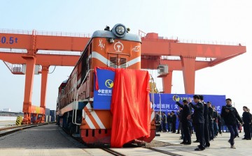 The inauguration ceremony of China-Europe Block Train (Yiwu-Madrid) at Yiwu Railway Freight Station.