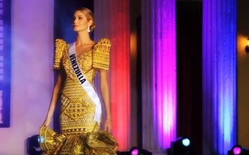 Miss Venezuela Mariam Habach wears a Filipino terno dress at a cultural fashion show, a Miss Universe 2016 preliminary event held in Vigan City, Ilocos Sur, Philippines.