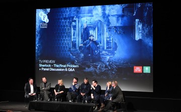 Steven Moffat, Mark Gatiss, Sue Vertue, Benjamin Caron, Rupert Graves, Andrew Scott and Sian Brooke during Q&A for episode three preview screening of 'Sherlock' at BFI Southbank on January 12, 2017 in London, England.