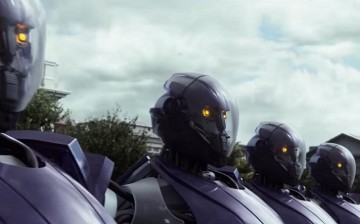 A line of Sentinels being unveiled to the public in 'X-Men: Days of Future Past.'