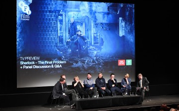 Steven Moffat, Mark Gatiss, Sue Vertue, Benjamin Caron, Rupert Graves, Andrew Scott and Sian Brooke during Q&A for episode three preview screening of 'Sherlock' 