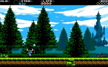 The titular Shovel Knight posing at the beginning of a level in 'Shovel Knight.'