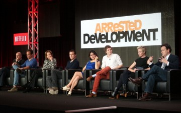 'Arrested Development' cast Jeffrey Tambor, Will Arnett, Jessica Walter, Jason Bateman, Alia Shawkat, Michael Cera, Portia de Rossi, and Mitch Hurwitz speak during The Netflix Network portion of the 2