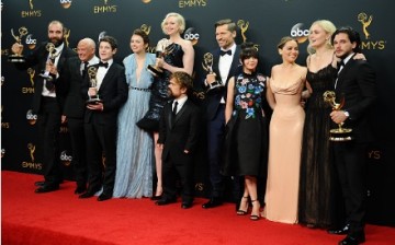 Actors Rory McCann, Conleth Hill, Iwan Rheon, Gwendoline Christie, Peter Dinklage, Nikolaj Coster-Waldau, Maisie Williams, Emilia Clarke, Sophie Turner and Kit Harington, winners of Best Drama Series for 'Game of Thrones', pose in the press room at the 68