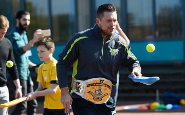  WWE superstar The Miz learning how to play cricket at a Chance to Shine coaching session at Ravenswood primary school on April 20, 2016 in Newcastle Upon Tyne, England.