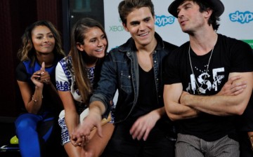 (L-R) 'The Vampire Diaries' actors Kat Graham, Nina Dobrev, Paul Wesley and Ian Somerhalder chat with fans over Skype for Xbox One in the Microsoft VIP Lounge during Comic-Con on July 26, 2014.