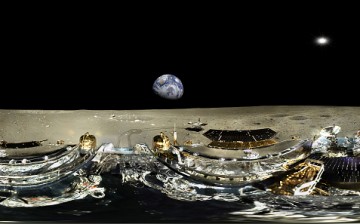 Panorama from the Chang'e 3 lunar exploration mission by the China National Space Administration incorporating a robotic lander and China's first lunar rover on the moon.