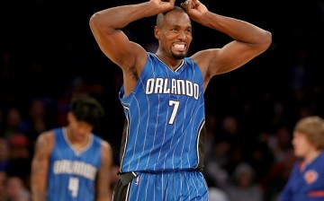 Serge Ibaka of the Orlando Magic reacts to a missed shot in the second half against the New York Knicks at Madison Square Garden on January 2, 2017 in New York City.