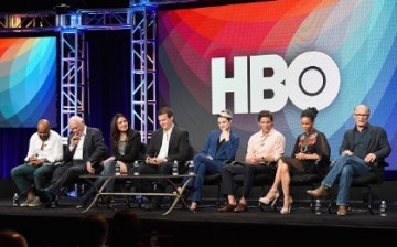 Actors Jeffrey Wright, Sir Anthony Hopkins, Executive producer/writer Lisa Joy, Director/executive producer/writer Jonathan Nolan, actors Evan Rachel Wood, James Marsden, Thandie Newton and Ed Harris speak onstage during the 'Westworld' panel discussion a