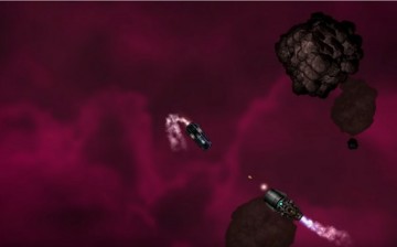 A spaceship fights an enemy raiding spaceship in 