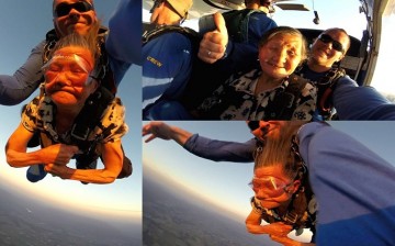 Paging Chinese millenials: Guided by a professional skydiver, Min Deyu from Shiyan, Hubei Province, conquers the skies on Nov. 29, 2014, in Melbourne, Australia. She was 82 in this picture.