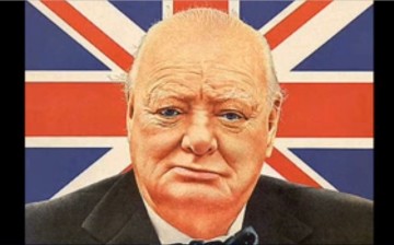 A portrait of Winston Churchill having a British flag as its background. 
