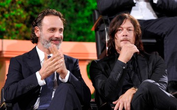 Andrew Lincoln and Norman Reedus speak onstage during AMC presents 'Talking Dead Live' for the premiere of 'The Walking Dead' at Hollywood Forever on October 23, 2016 in Hollywood, California.