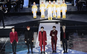 K-Pop boy band B1A4 members Jinyoung, CNU, Sandeul, Baro and Gongchan attend the PyeongChang 2018 One Year to Go Ceremony at Gangneung Hockey Center on Feb. 9, 2017 in Gangneung, South Korea.