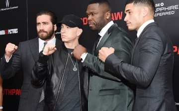 Jake Gyllenhaal, Eminem, Curtis '50 Cent' Jackson and Miguel Gomez attend the New York premiere of 'Southpaw' for THE WRAP at AMC Loews Lincoln Square on July 20, 2015 in New York City. 