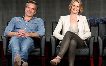Timothy Olyphant and Joelle Carter speak onstage during the 'Justified' panel discussion at the FX Networks portion of the Television Critics Association press tour at Langham Hotel on January 18, 2015 in Pasadena, California.