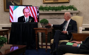 U.S. President Joe Biden participates in a bilateral videoconference with Ireland's Prime Minister Micheal Martin