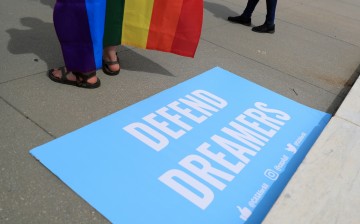 A sign in support of DACA Dreamers lies at the steps of the U.S. Supreme Court after the court 