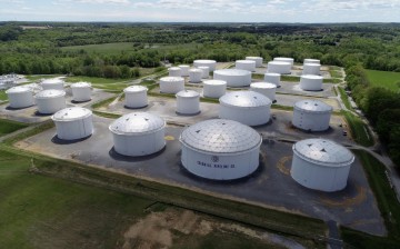 Holding tanks are seen in an aerial photograph at Colonial Pipeline's Dorsey Junction Station in Woodbine, Maryland, U.S.