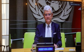 U.S. Secretary of State Antony Blinken holds a virtual meeting with UN General Assembly President Volkan Bozkir via videoconference from the State Department in Washington, U.S.