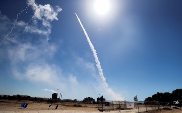 Israel's Iron Dome anti-missile system fires to intercept a rocket launched from the Gaza Strip towards Israel, as seen from Ashkelon, southern Israel